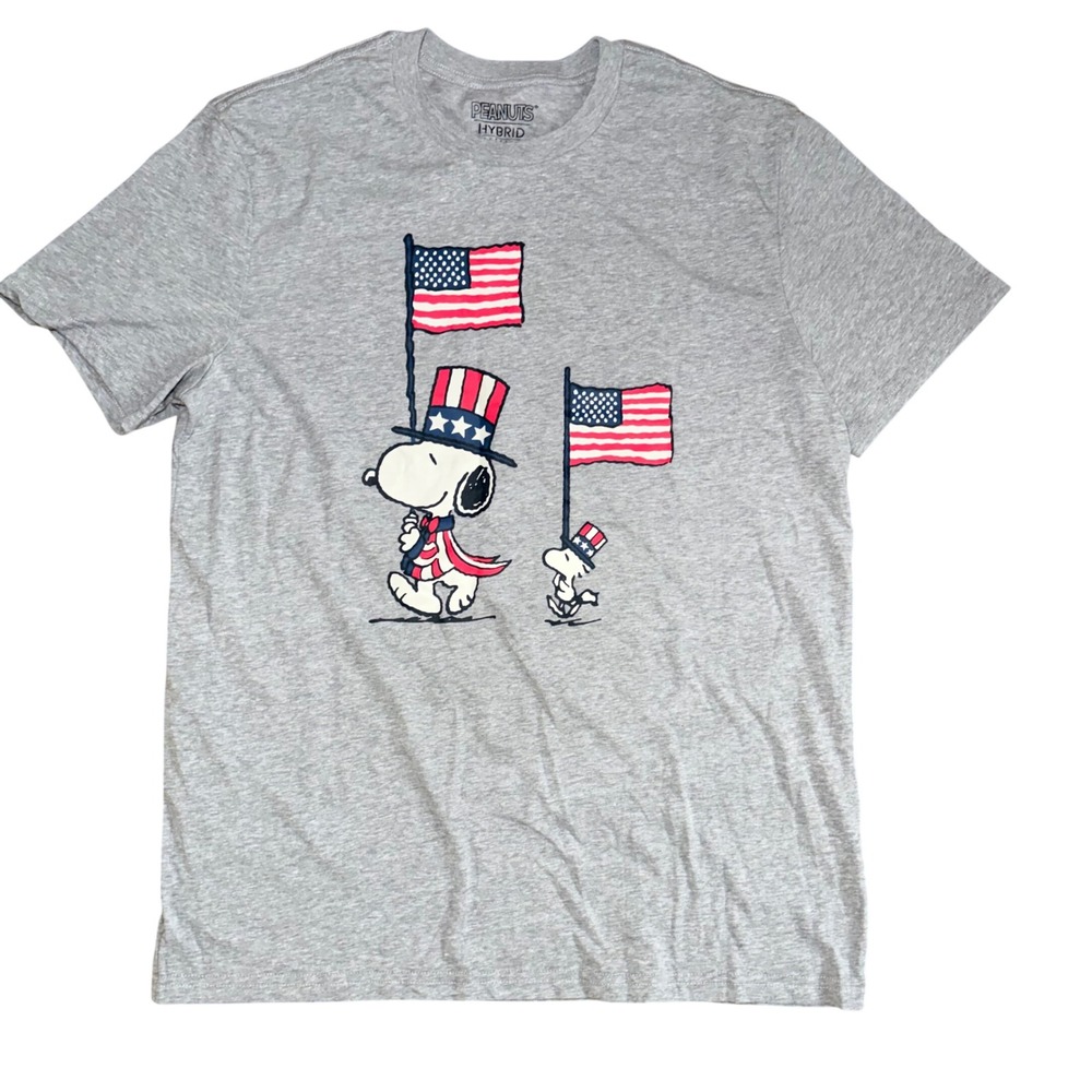 Peanuts Snoopy Woodstock American Flag Graphic‎ T-Shirt Gray Large Patriotic Tee